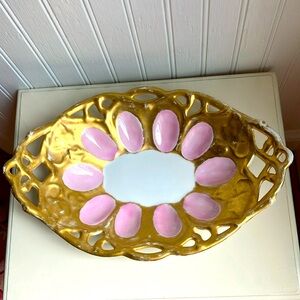Antique 1850’s C.T. Carl Tieisch, Germany Large Oval Pink, White, Gold Dish